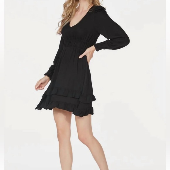 NWT Bobi Long Sleeve Ruffle Mini Dress Black Size Large - Picture 2 of 12